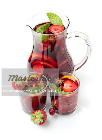 Cocktail collection - Refreshing fruit sangria in jug and two glasses. Above view, isolated on white