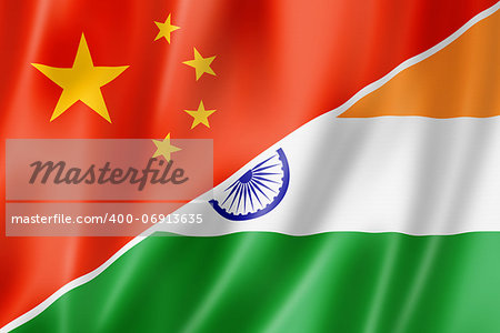 Mixed China and India flag, three dimensional render, illustration