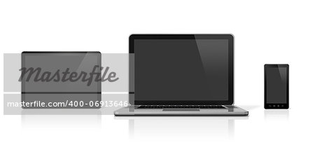 3D laptop, mobile phone and digital tablet pc - isolated on white with clipping path