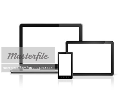 3D laptop, mobile phone and digital tablet pc - isolated on white with clipping path