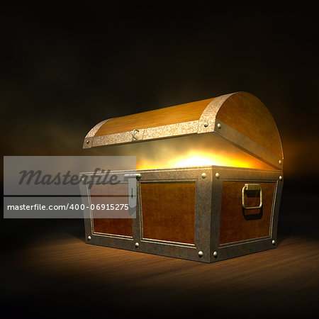 Old wooden treasure chest with strong glow from inside