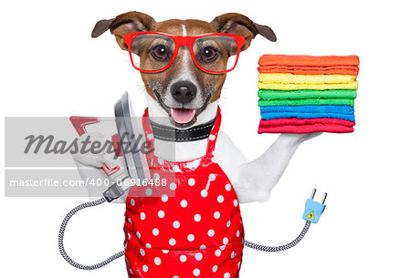 housewife dog ironing with a red apron and a stack of colorful towels