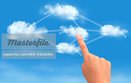 Cloud computing concept. Hand touching connected clouds. Vector.