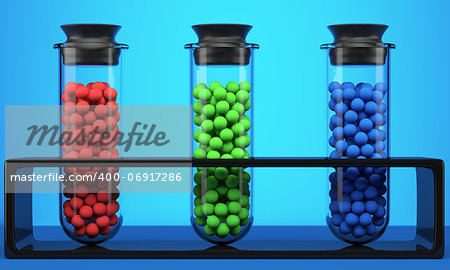 Test tube with red, green and blue spheres on blue background. 3d illustration