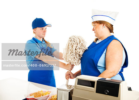 Teenage fast food manager makes an adult woman mop up.  white background.