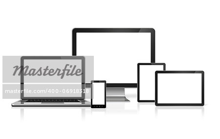 3D computer, laptop, mobile phone and digital tablet pc - isolated on white with clipping path