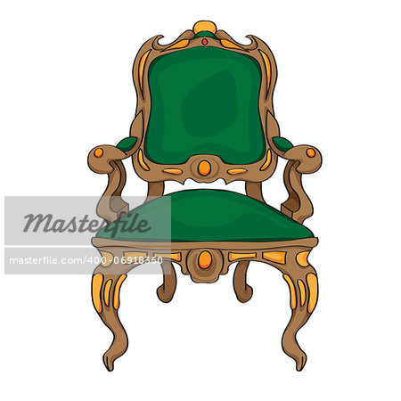 Baroque chair colored doodle, hand drawn illustration of an antique furniture piece  with green upholstery, decorated with colored ornaments