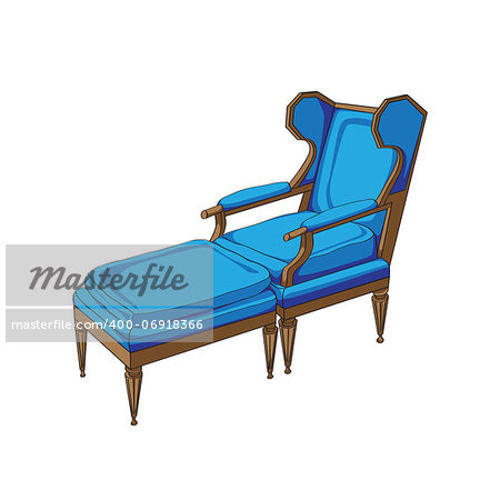 Classic lounge chair colored doodle, hand drawn illustration of an antique furniture piece with blue upholstery isolated on white
