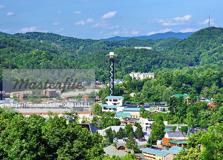 The skyline of downtown Gatlinburg, Tennessee, USA in the Great Smoky Mountains.