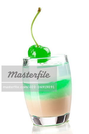 Cocktail collection: Three layered shot with green maraschino. Isolated on white background