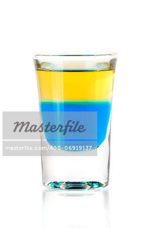 Shot cocktail collection: Blue Tequila alcohol cocktail isolated on white background. Ingredients: 1 oz Blue Curacao, 1 oz Gold Tequila