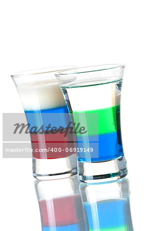 Shot cocktail collection: Anabolic and Russian Flag alcohol cocktails isolated on white background