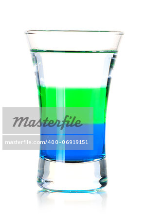 Shot cocktail collection: Anabolic alcohol cocktail isolated on white background. Ingredients: 1 oz Blue Curacao, 1 oz Midori (Melon) Liquor, 1 oz Cointreau