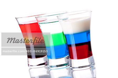 Shot cocktail collection: Russian Flag, Anabolic and Morning alcohol cocktails isolated on white background