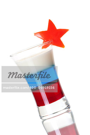 Shot cocktail collection: Russian Flag alcohol cocktail isolated on white background. Ingredients: 1 oz Grenadine, 1 oz Blue Curacao, 0.5 oz Vodka, 0.5 oz Baileys Irish Cream