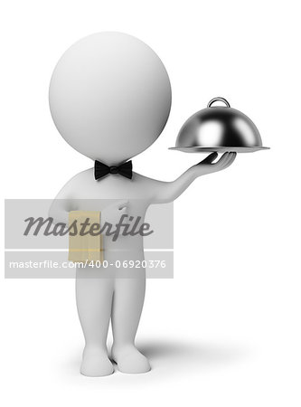 3d small people - waiter with food platter. 3d image. Isolated white background.