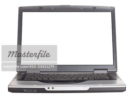 Laptop with blank white screen. Front view. Isolated on white background