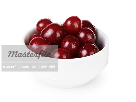 ripe cherries in bowl, isolated on white