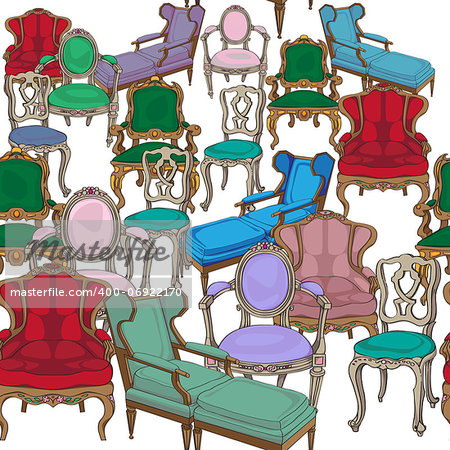Antique chairs seamless pattern, hand drawn colored doodles over white background