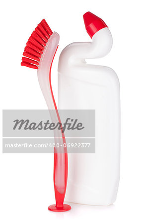 Plastic bottle of cleaning product and brush. Isolated on white background