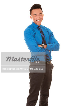 chinese business man wearing blue shirt on white background