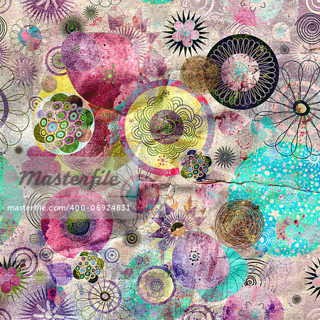 Seamless vivid abstract pattern with different floral and round elements