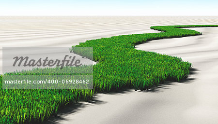 a path made of lawn that grows in a desert of sand, winds toward a unknown destination in a sunny day