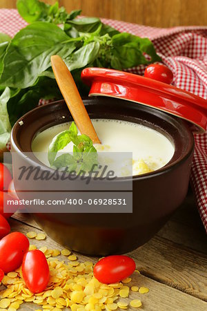 milk (cream) soup with lentils, tomatoes and basil