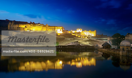 Amber Fort at night. Maota Lake.  Jaipur, Rajasthan, India, Asia