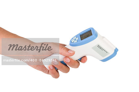 Hand hold a non-contact IR body thermometer isolated on white background