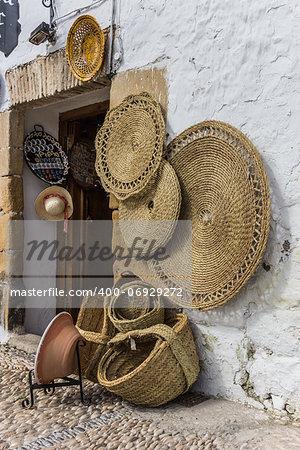 Baskets and pottery at a souvenir shop in Ubeda, Spain