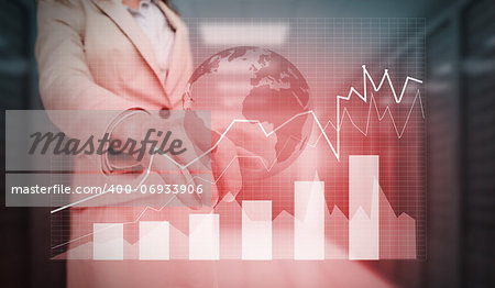 Businesswoman touching bar chart graphic with lines and earth in data center