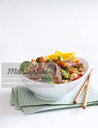 Healthy Beef, Broccoli and Orange Stir Fry with Barley, Studio Shot