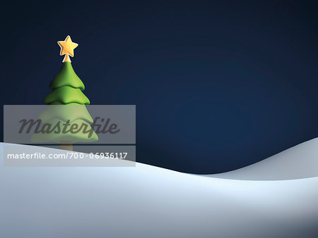 Illustration of Christmas tree against night sky, on snowy hill