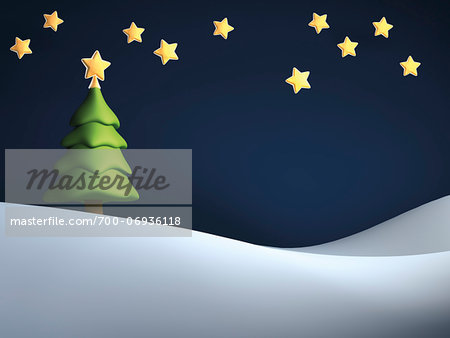 Illustration of Christmas tree against starry, night sky, on snowy hill