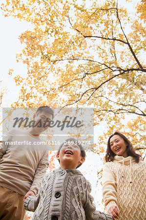 Family holding hands and walking through the park in the autumn, low angle view