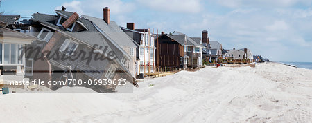 View of houses along beachfront in disrepair, Jersey Shore, New Jersey, USA