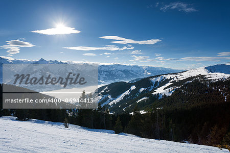 winter with ski slopes of kaprun resort next to kitzsteinhorn peak in austrian alps