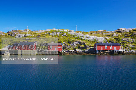 Red fishing rorbu huts by the fjord on Lofoten islands in Norway during summer
