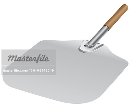 Metal shovel with wooden handle for baking. Vector illustration.