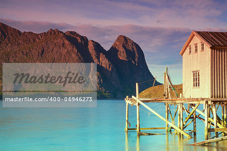 Old fishing port by the fjord on Lofoten islands in Norway