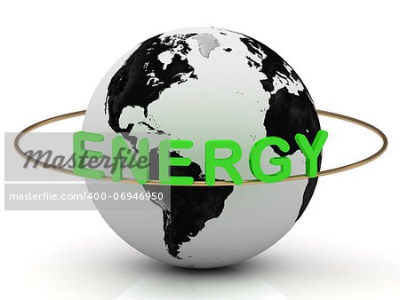 Green energy on a gold ring rotates around the earth on a white background. Image from the same footage