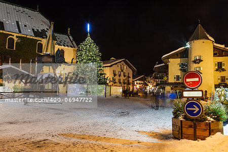 Illuminated Central Square of Megeve on Christmas Eve, French Alps, France