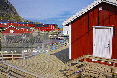 Typical red rorbu fishing huts on Lofoten islands in Norway