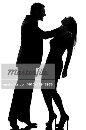 one caucasian couple man strangulate woman expressing domestic violence in studio silhouette isolated on white background