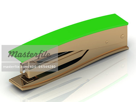 Golden stapler with a green handle on a white background