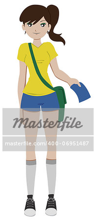 Vector illustration of a cartoon girl wearing the brazilian soccer uniform.