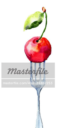 Cherry on the fork, watercolor illustration