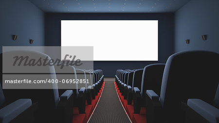 Inside of the cinema. Several empty seats waiting the movie on the screen. Your text or picture on the white screen.