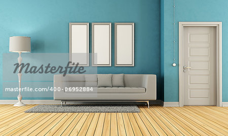 Blue and grey living room with modern sofa and closed door - rendering